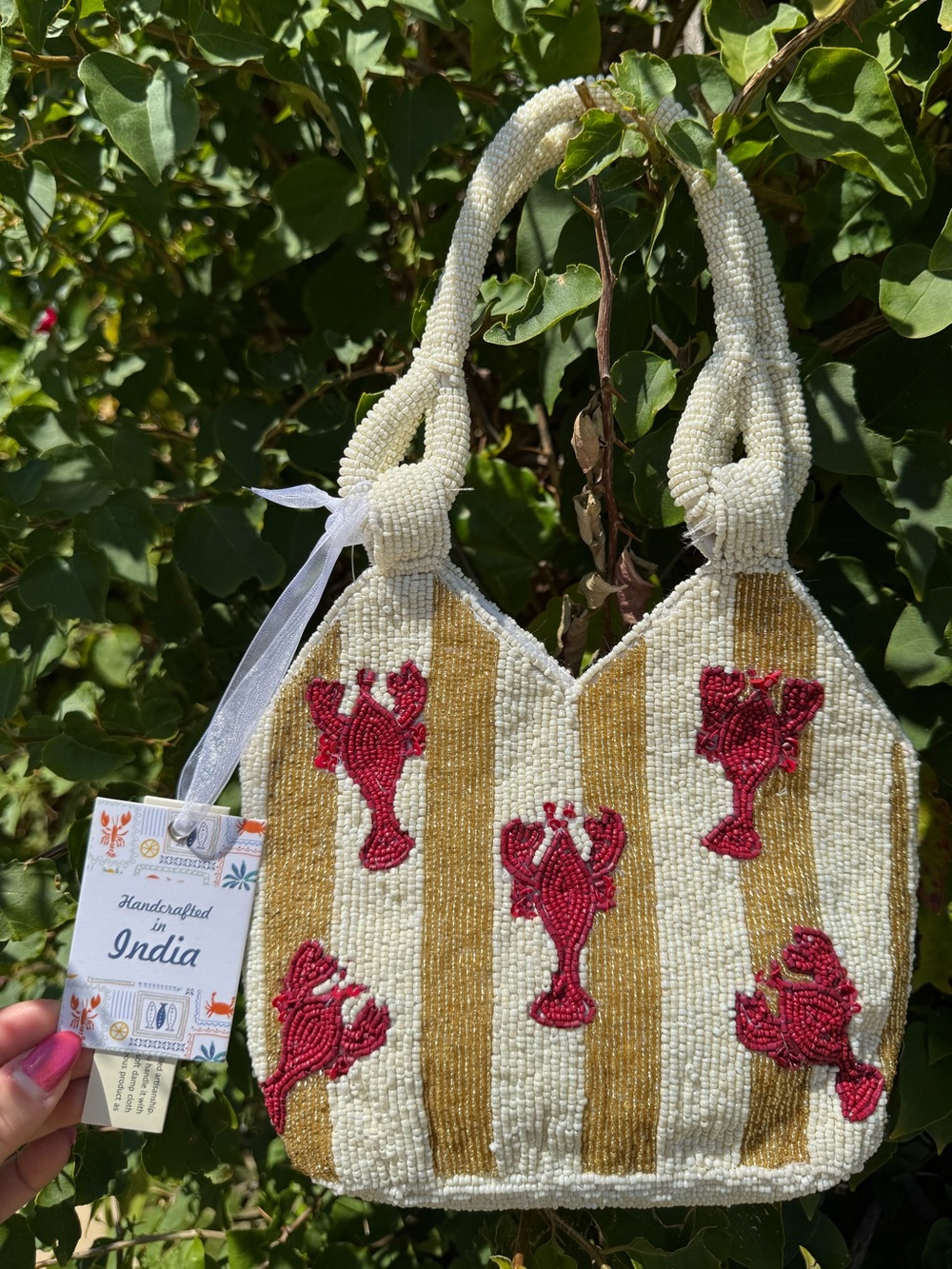 NWT Made in India Lobster Nautical Gold White Striped Top Handle Beaded Bag
